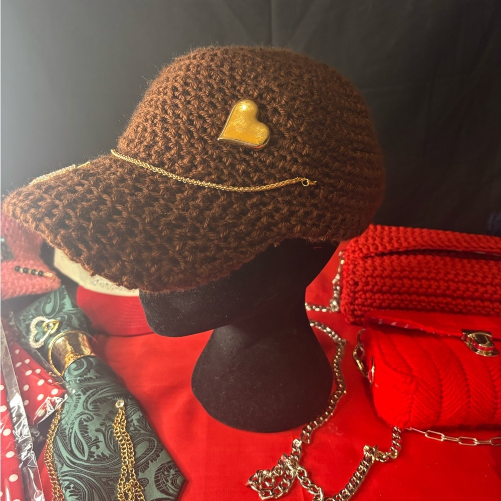 Brown Crochet Heart Accent Cap with Gold Chain